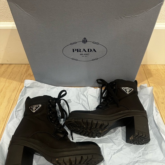 Prada Women's Calzature Donna Re Nylon Combat Black Lace-Up Ankle Boots Size 35 - Picture 2 of 10